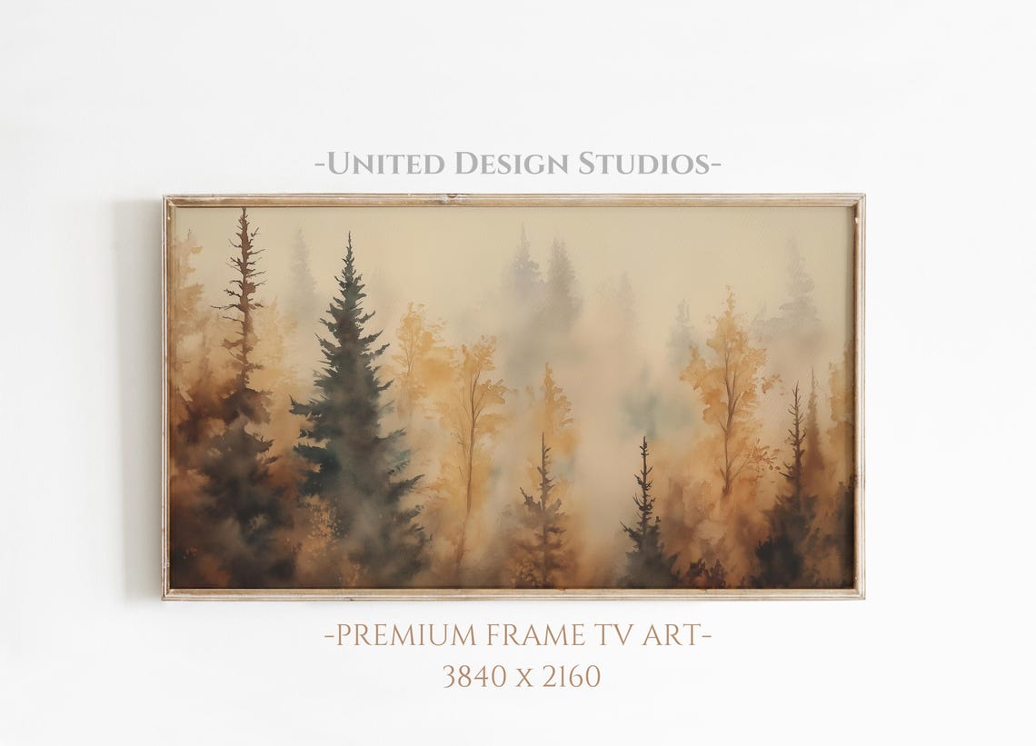 Misty Fall Forest Amber Watercolor Autumn Trees Painting Poster
