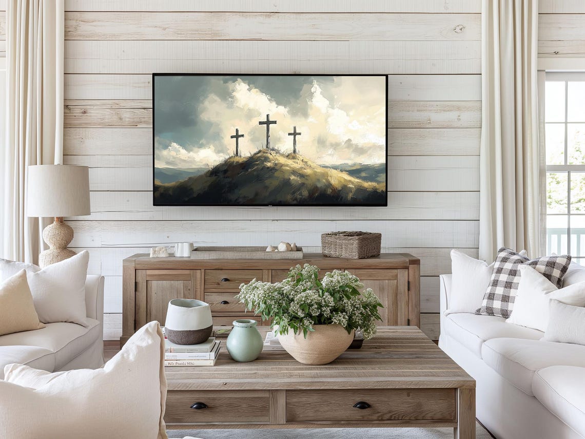 Three Crosses On Calvary Hill Moody Storm Clouds Christian Poster - Image 2