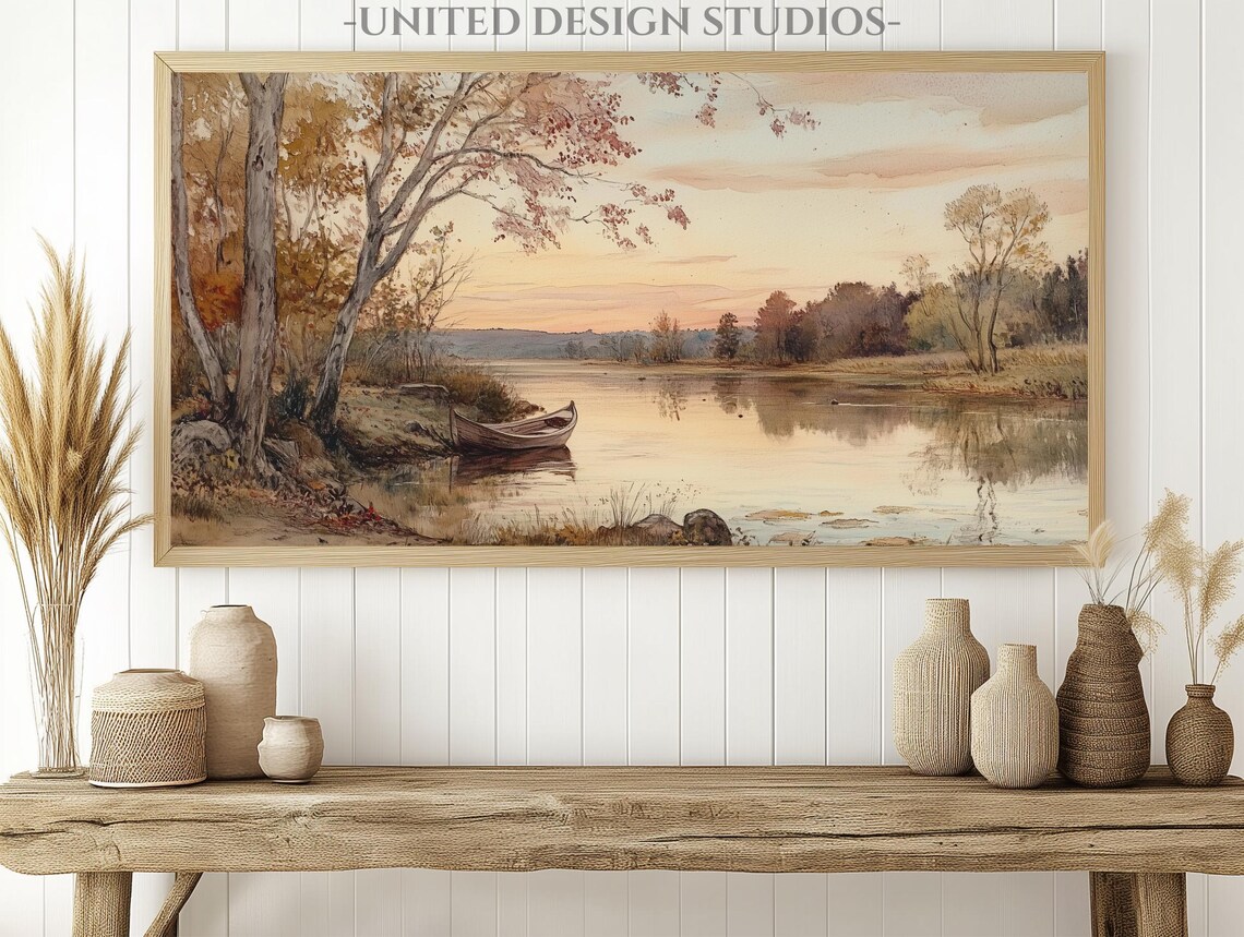 Autumn Lake Sunset With Lone Canoe Watercolor Landscape Wall Art - Image 3