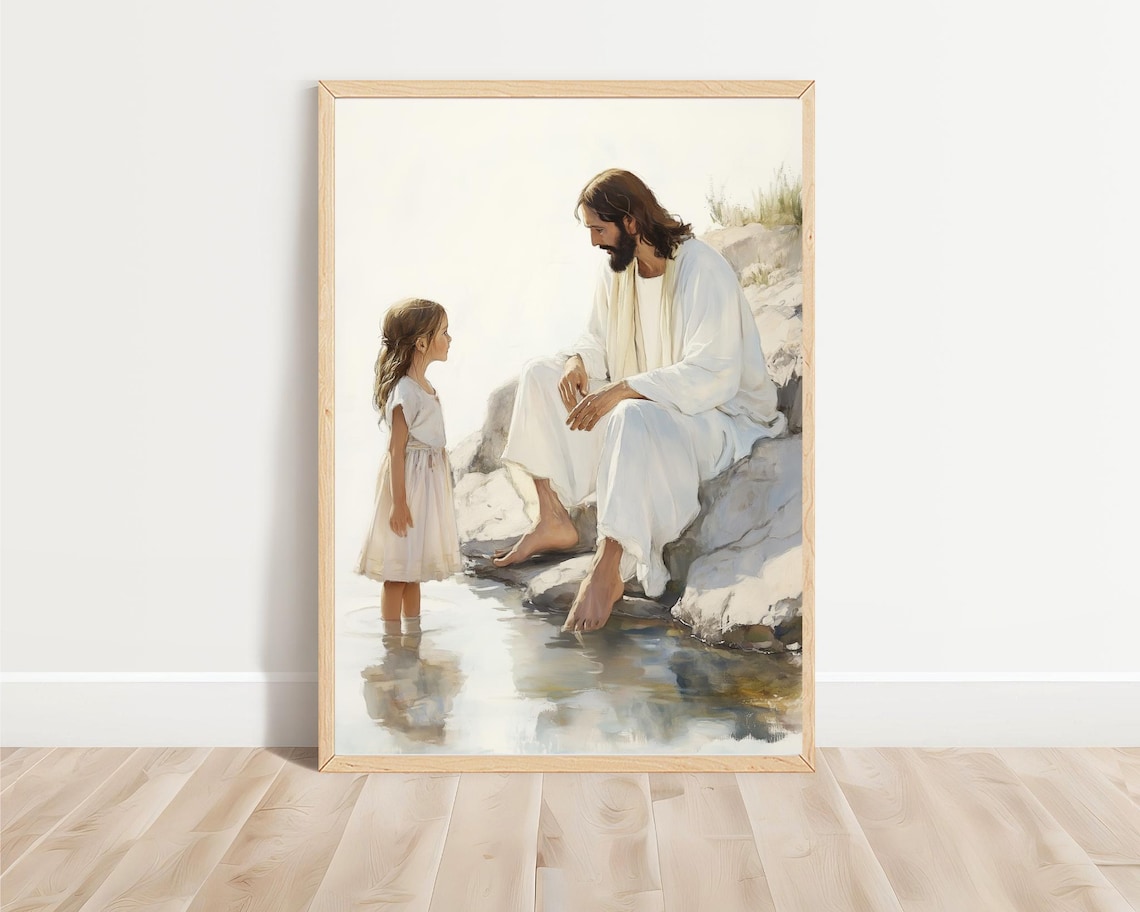 Jesus Sitting With Little Girl At Water's Edge Gentle Moment Watercolor Poster - Image 3