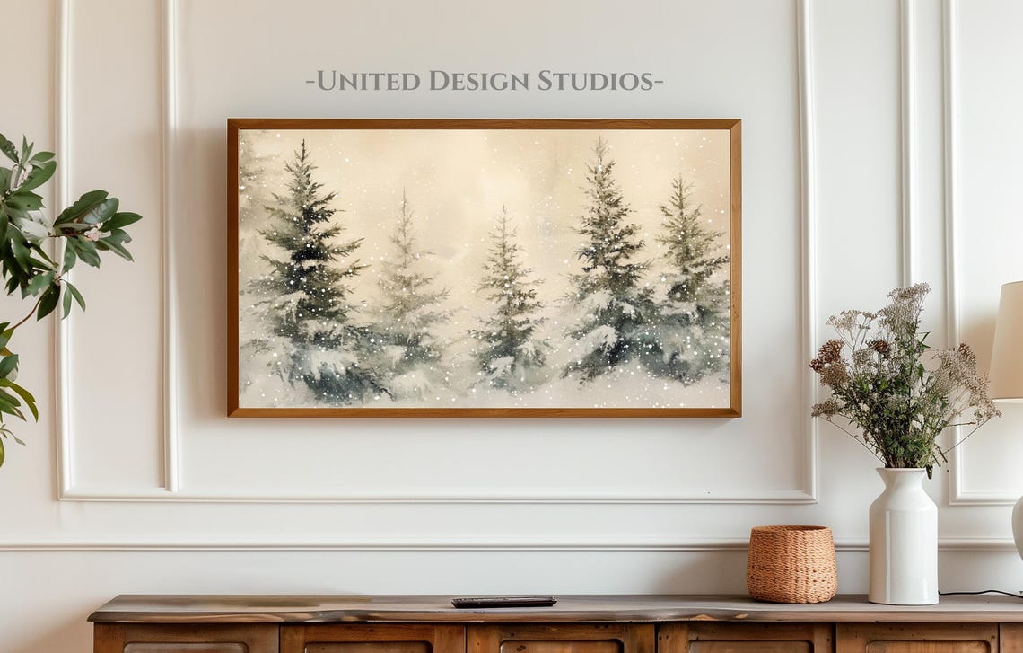 Snowy Evergreen Trees Watercolor Falling Snow Neutral Winter Poster - Image 3