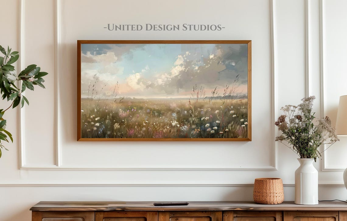 Spring Flower Field Cloudy Pastel Sky Impressionist Art Poster - Image 4
