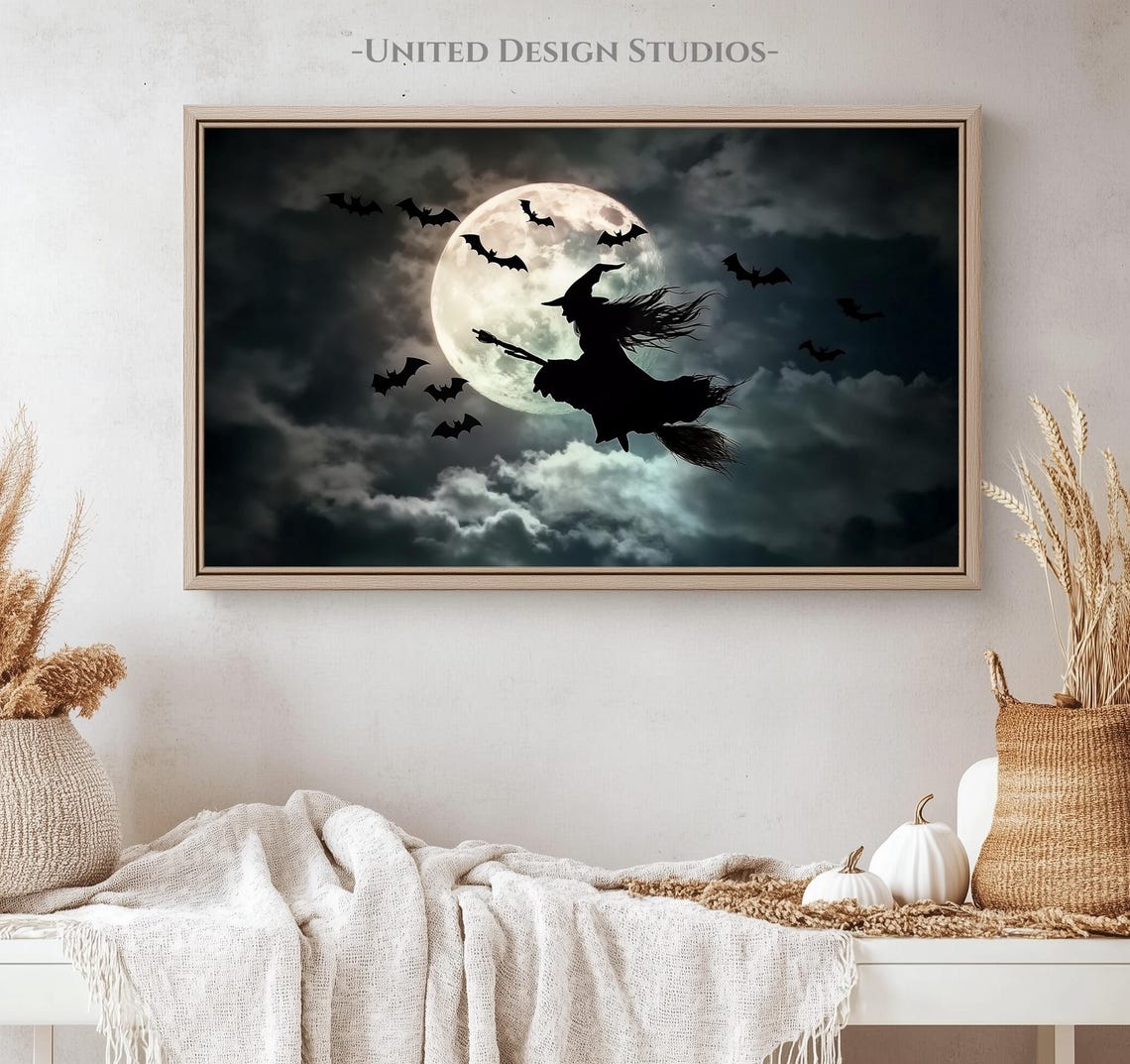 Witch Flying Full Moon Bats Night Sky Spooky Halloween Wall Art - Image 4