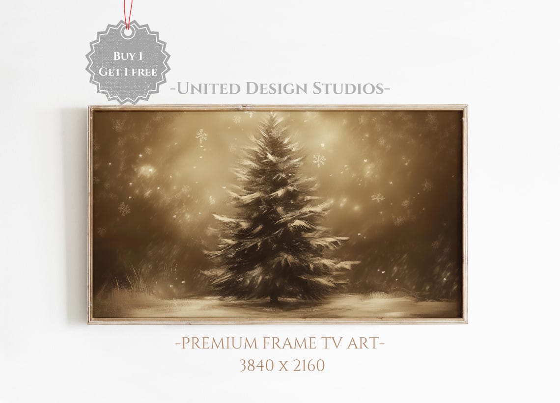 Lone Snowy Pine Tree Golden Nightfall Falling Snow Winter Art Poster