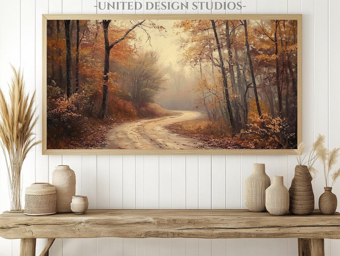 Misty Autumn Forest Road Golden Fall Trees Foggy Path Painting Poster - Image 2