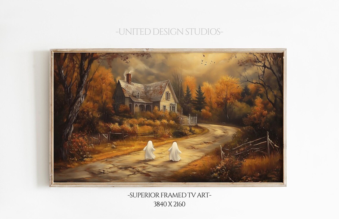 Two Little Ghosts On Country Road Autumn House Halloween Wall Art