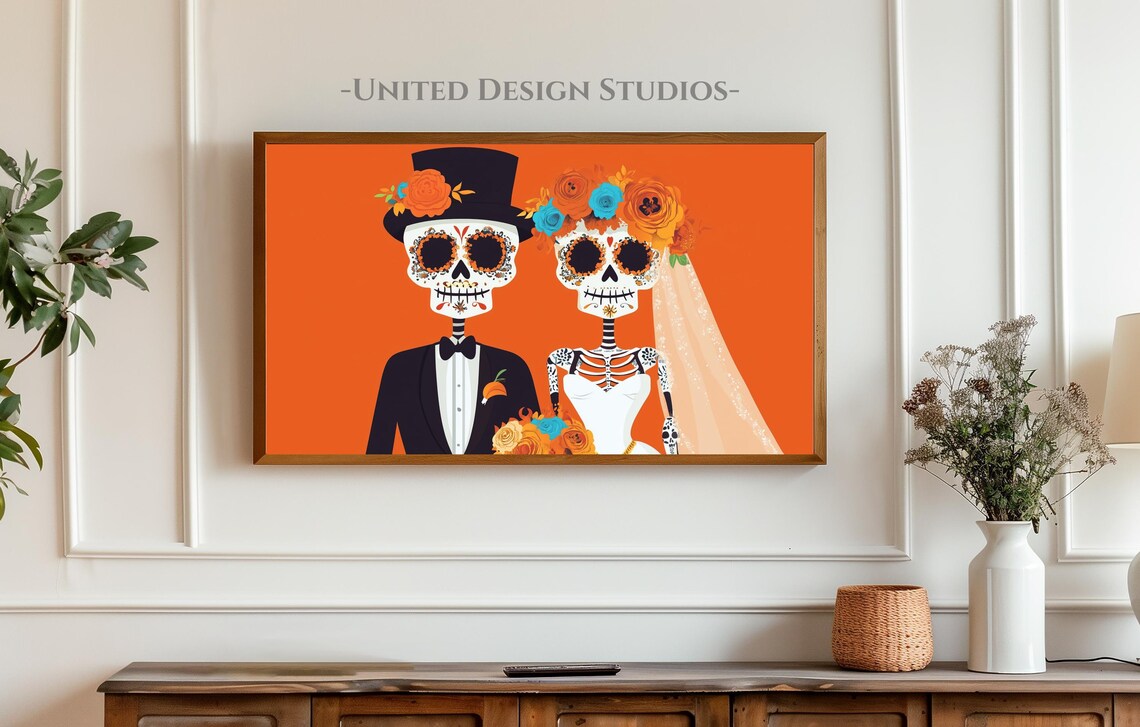 Day of the Dead Sugar Skull Bride Groom Couple Orange Folk Art Poster - Image 3