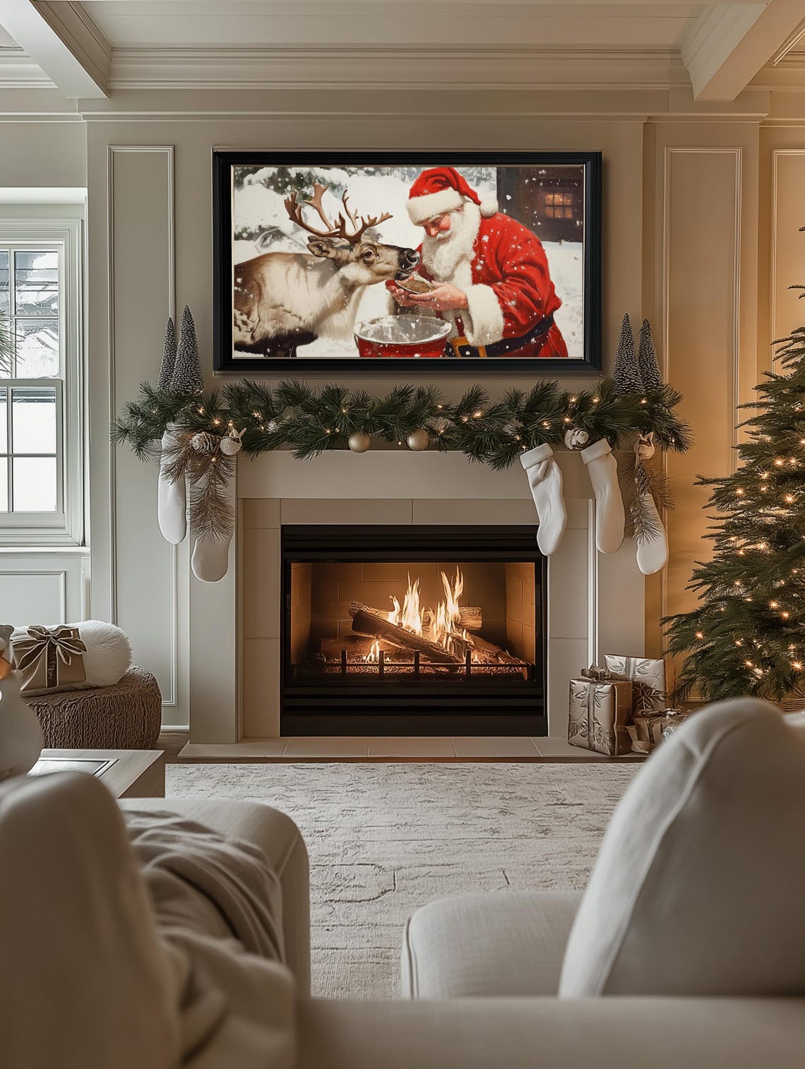 Christmas Frame Tv Art Classic Painting Of Santa Feeding Reindeer Frame Tv Art Santa Claus Tv Art Farmhouse Santa Frame Tv Art - Image 2