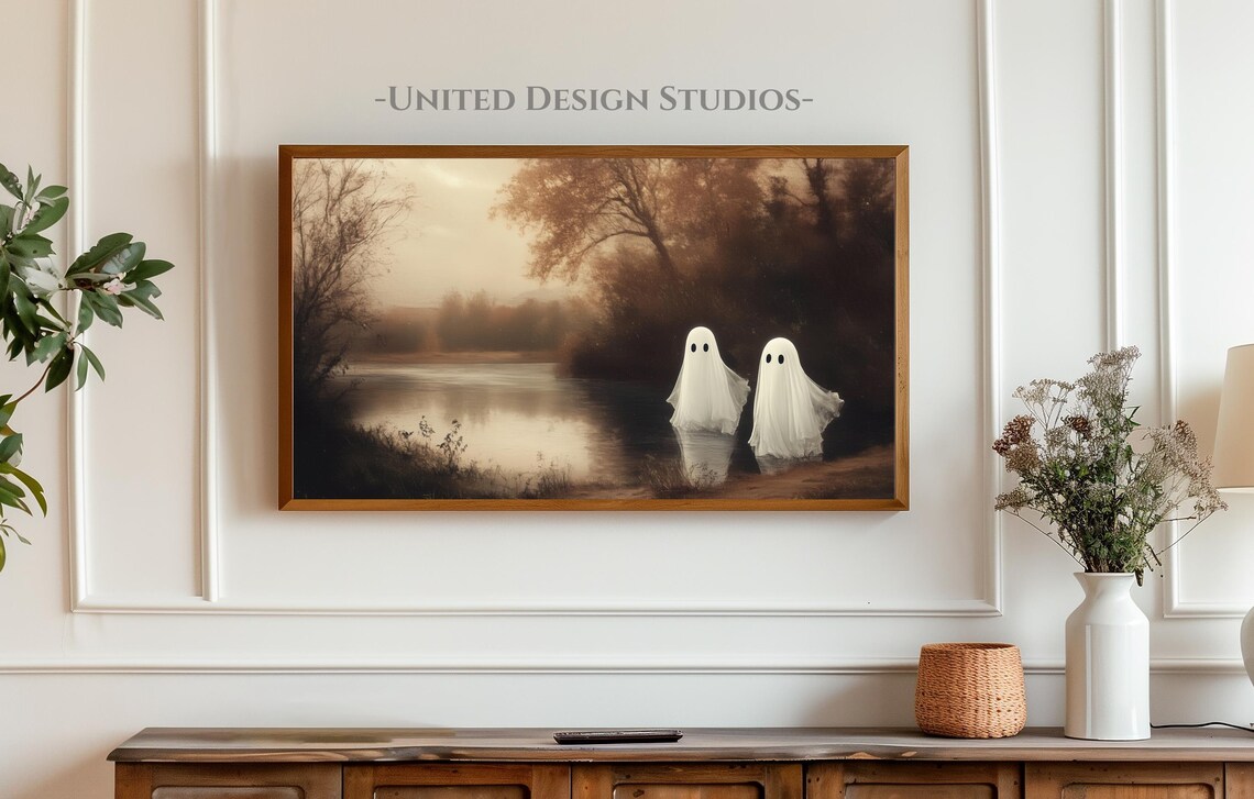 Two Cute Ghosts Misty Lake Vintage Sepia Spooky Halloween Scene Poster - Image 3