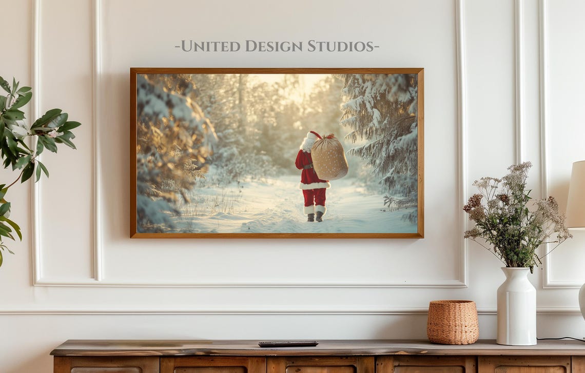 Santa Walking Snowy Forest Gift Sack Golden Winter Scene Poster - Image 3
