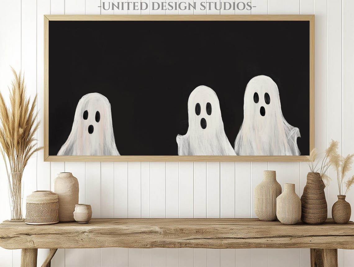 Three White Ghosts Black Background Minimalist Halloween Spooky Poster - Image 2