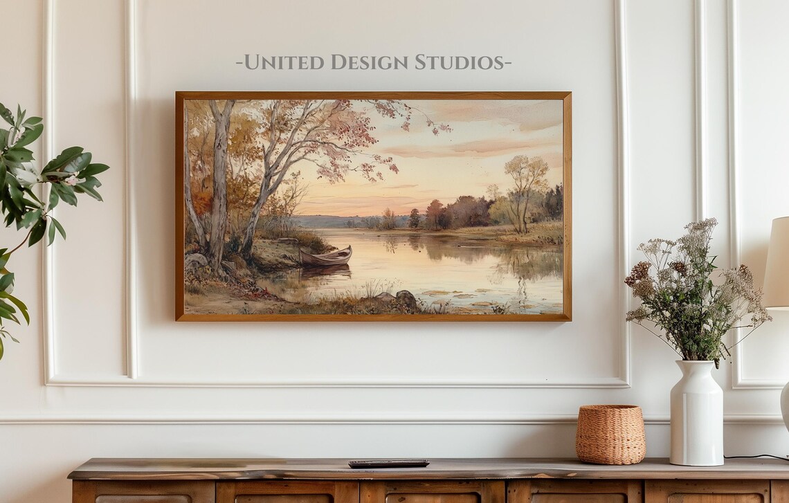Autumn Lake Sunset With Lone Canoe Watercolor Landscape Wall Art - Image 4