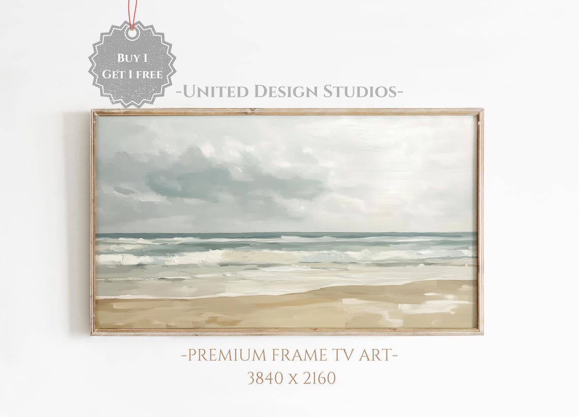 Moody Neutral Seascape Beach Painting Ocean Waves Cloudy Sky Poster