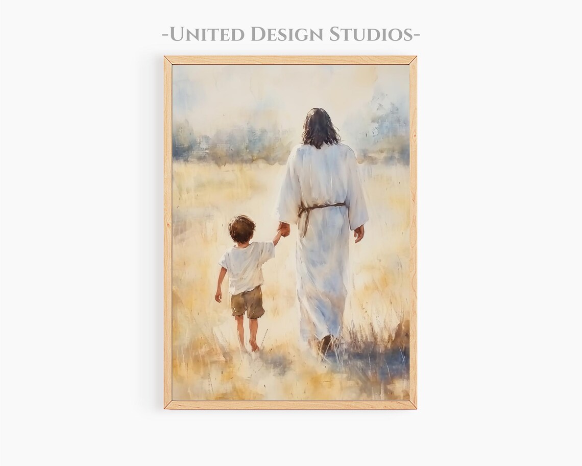 Jesus Holding Hand Of Little Boy Walking Through Golden Wheat Field Poster