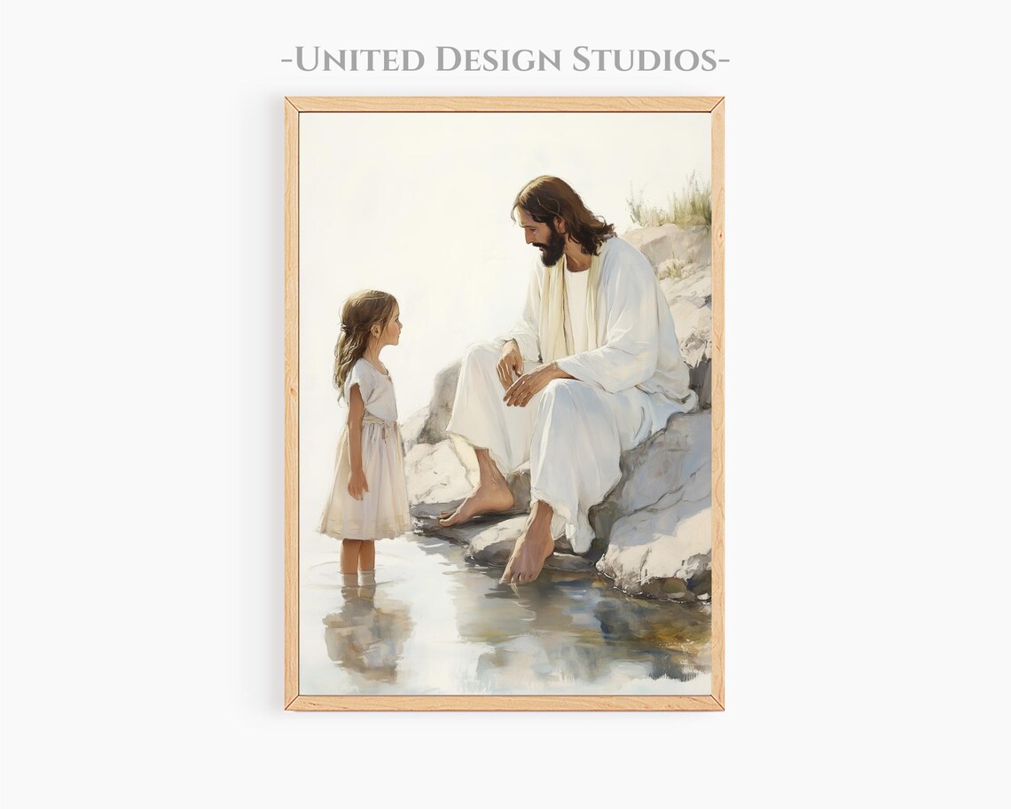 Jesus Sitting With Little Girl At Water's Edge Gentle Moment Watercolor Poster