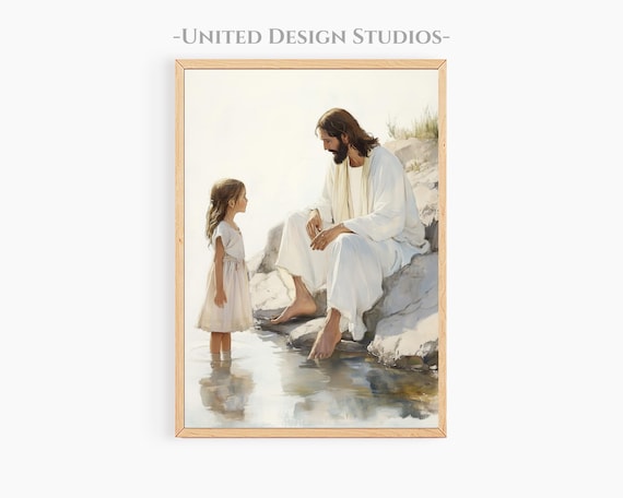 Jesus Sitting With Little Girl At Water's Edge Gentle Moment Watercolor Poster