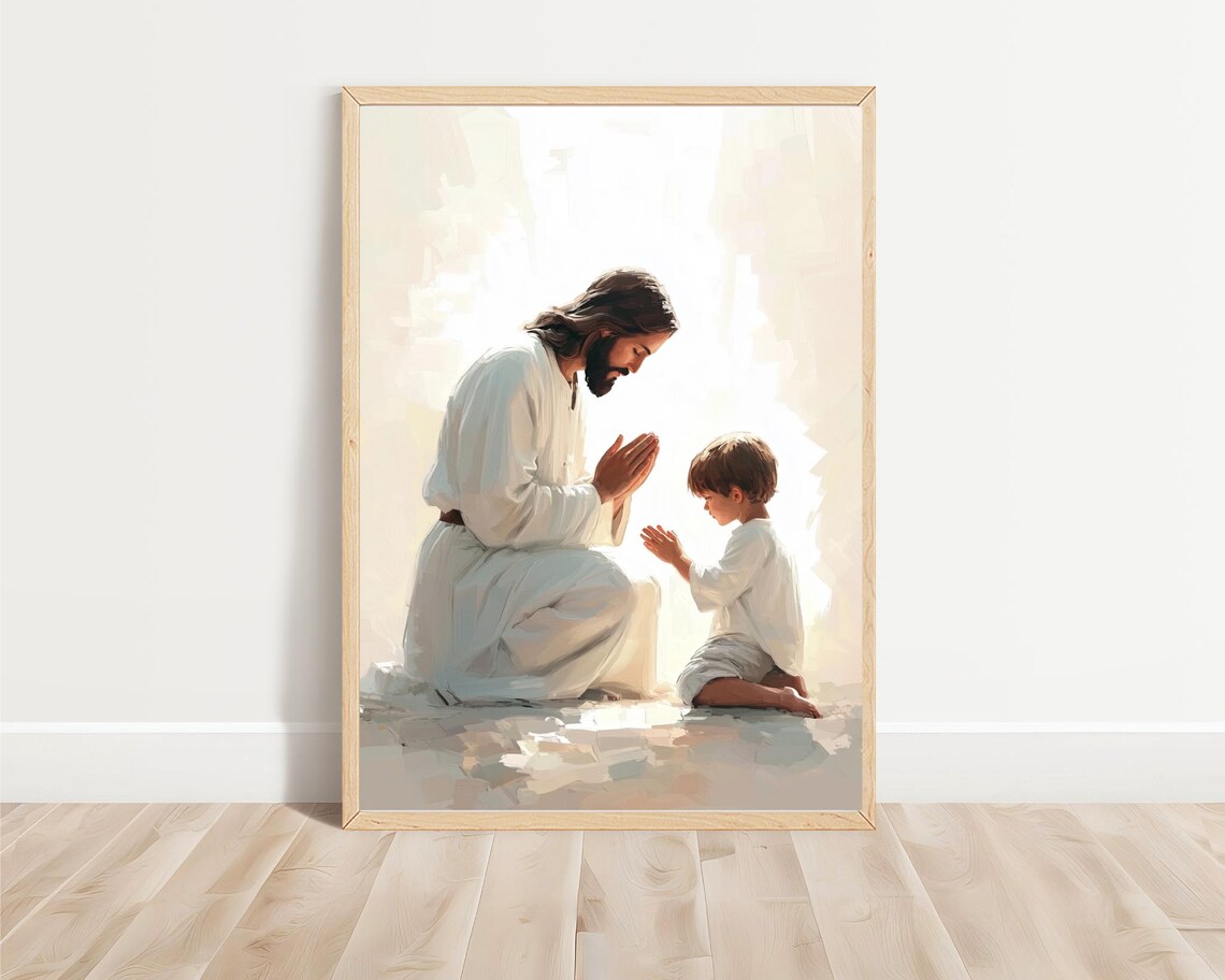 Jesus Praying With Boy, Modern Christian Art - Image 3