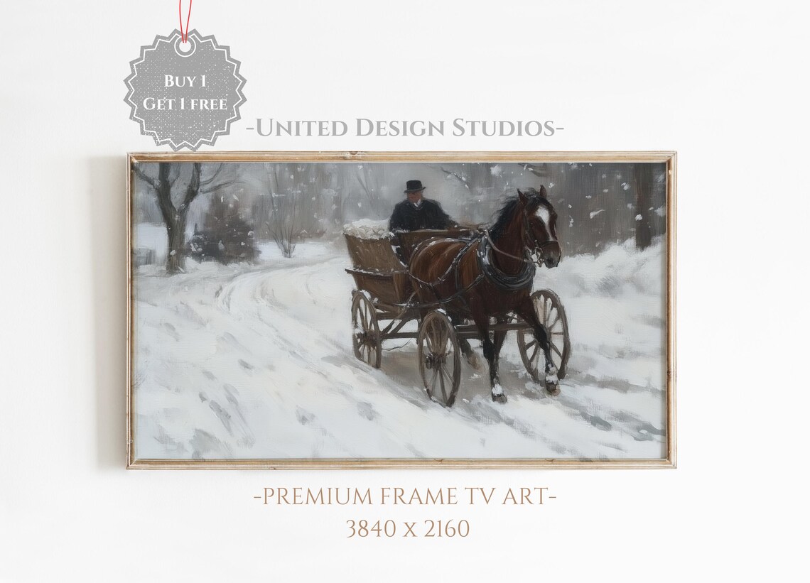Horse Drawn Sleigh Snow Vintage Christmas Painting Art Print