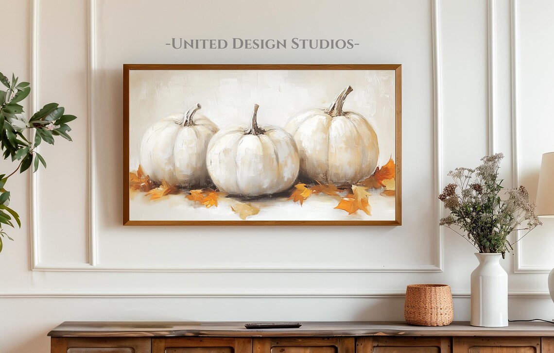 Three White Pumpkins Orange Leaves Rustic Neutral Fall Frame TV Art Poster - Image 3