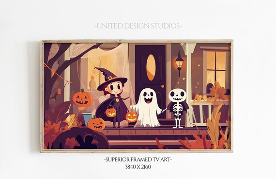 Cute Halloween Porch Witch Ghost Skeleton Pumpkins Trick Treat Poster