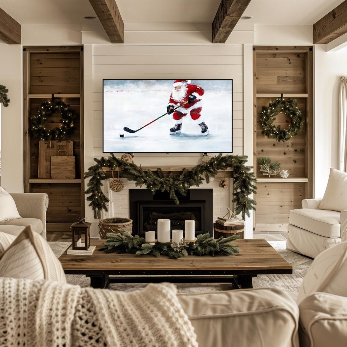 Christmas Frame Tv Art Oil Painting Of Santa Playing Hockey Frame Tv Christmas Art Holidays Frame Tv Art Classic Santa Art - Image 4