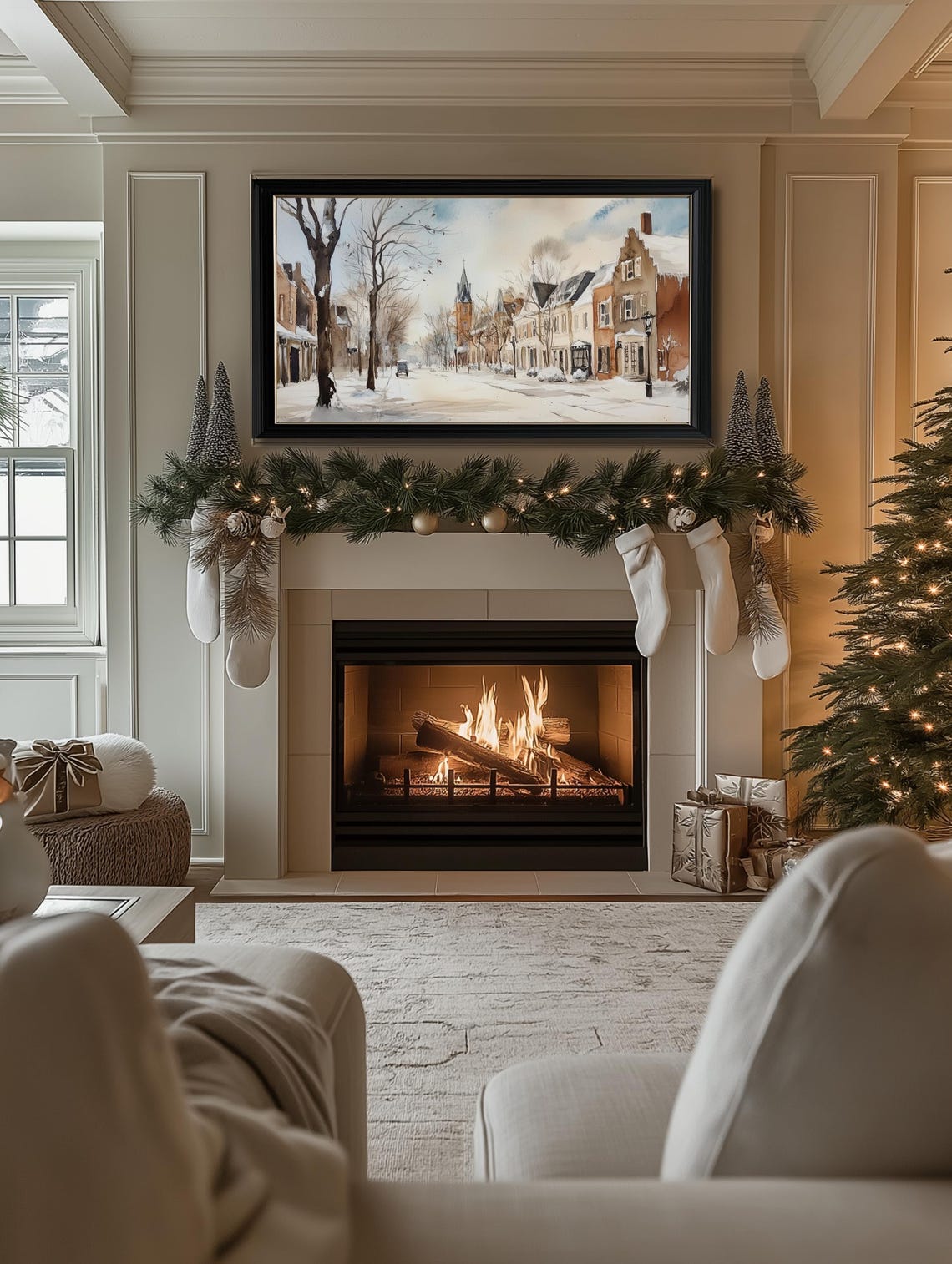 Frame Tv Winter Art Watercolor Painting Of Snowy Winter Town Frame Tv Art Christmas Frame Tv Art Farmhouse Winter Tv Art - Image 2