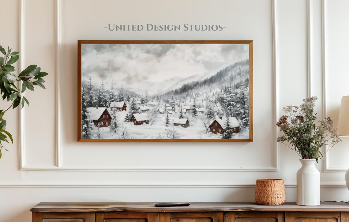 Frame Tv Winter Art Painting Of Winter Mountain Village Frame Tv Art Farmhouse Christmas Painting Tv Art Holiday Frame Tv Art - Image 3