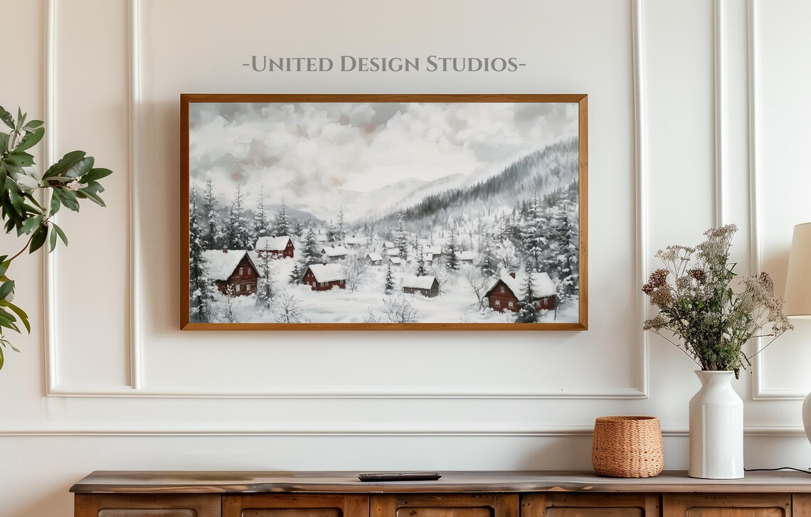 Winter Mountain Village Red Cabins Snow Watercolor Painting Print - Image 3