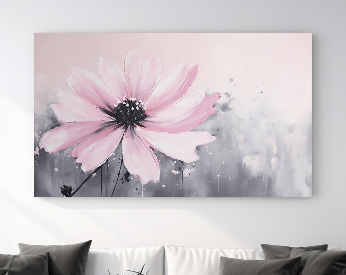 Pink Daisy Single Bloom Grey Background Elegant Floral Painting Poster