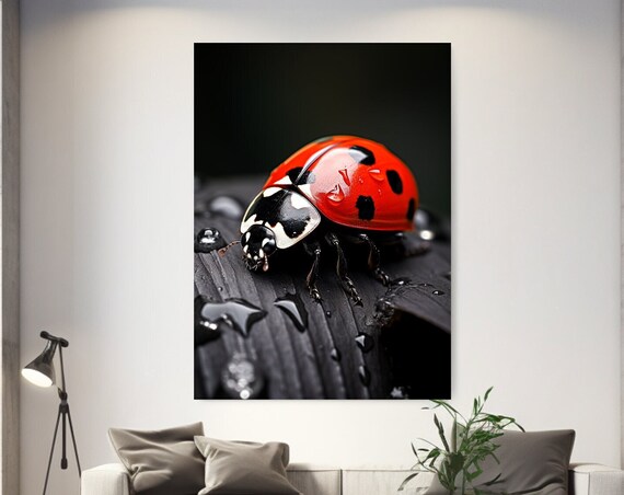 Red Ladybug Macro Water Droplets Dark Leaf Nature Photography Wall Art