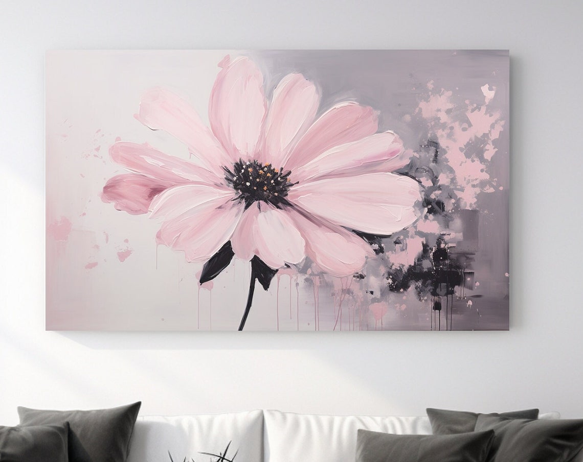 Blush Pink Cosmos Flower Abstract Floral Painting Grey Art Poster