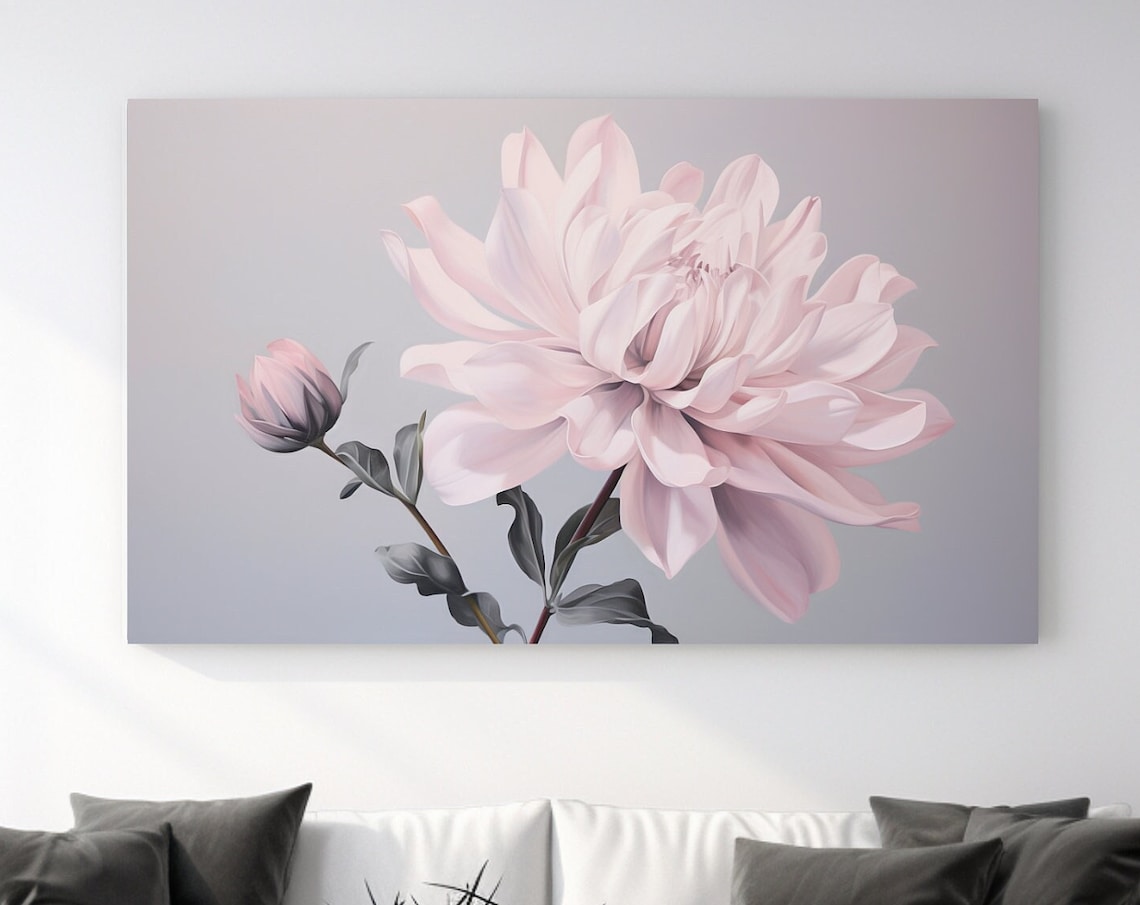 Blush Pink Dahlia Flower On Gray Background Soft Botanical Wall Art