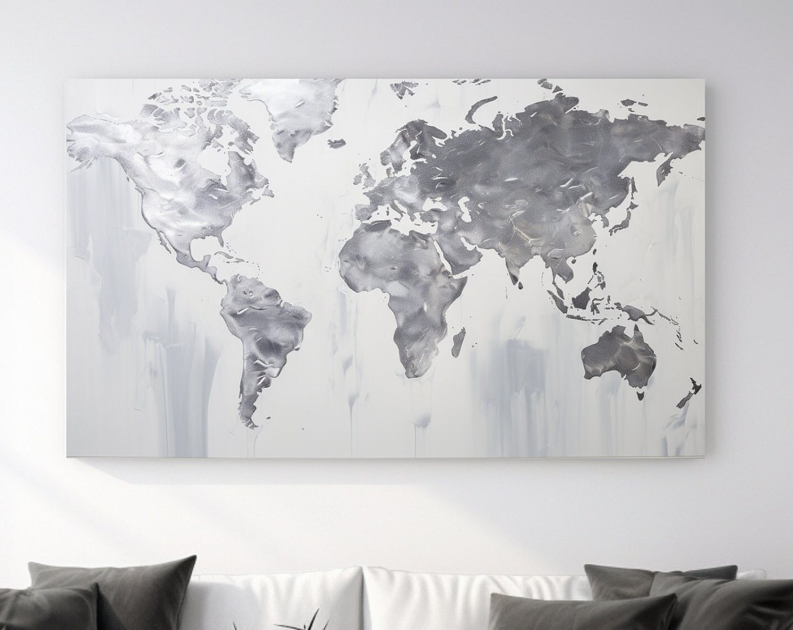 Silver Gray World Map Watercolor Continents Travel Office Wall Art