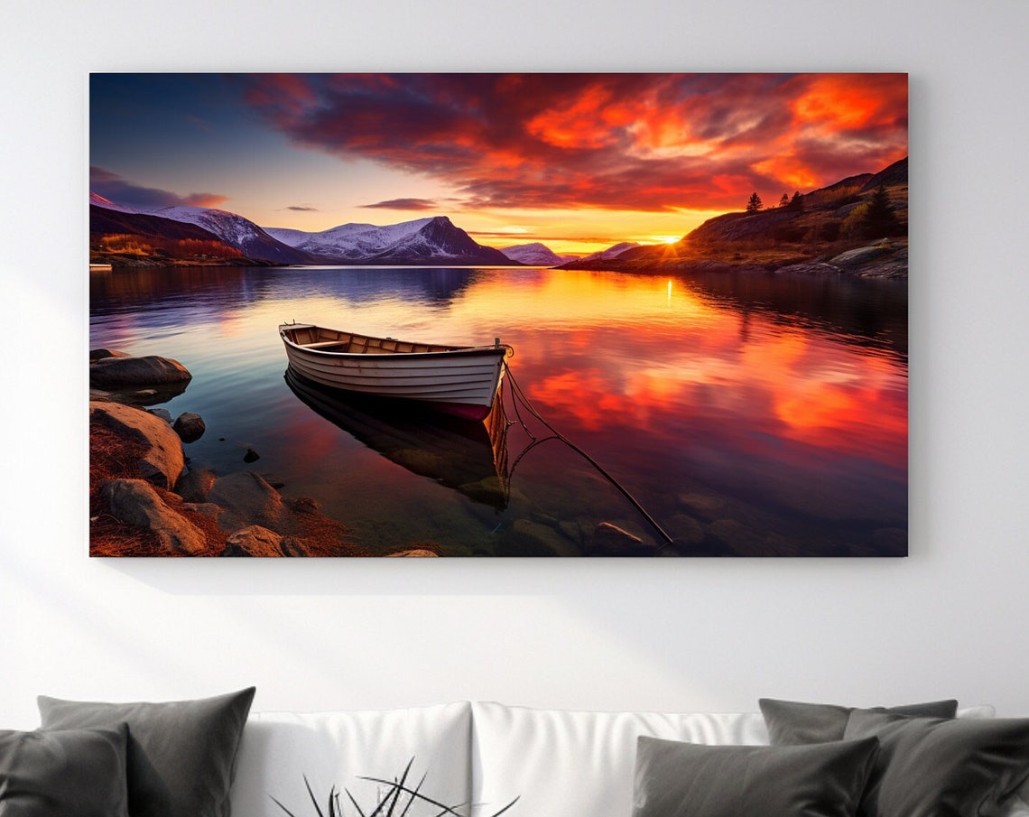 Stunning Norway Fjord Sunset with Wooden Boat Red Reflections Poster