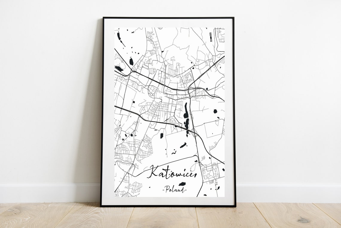 Katowice Poland Minimalist Black and White City Street Map Poster