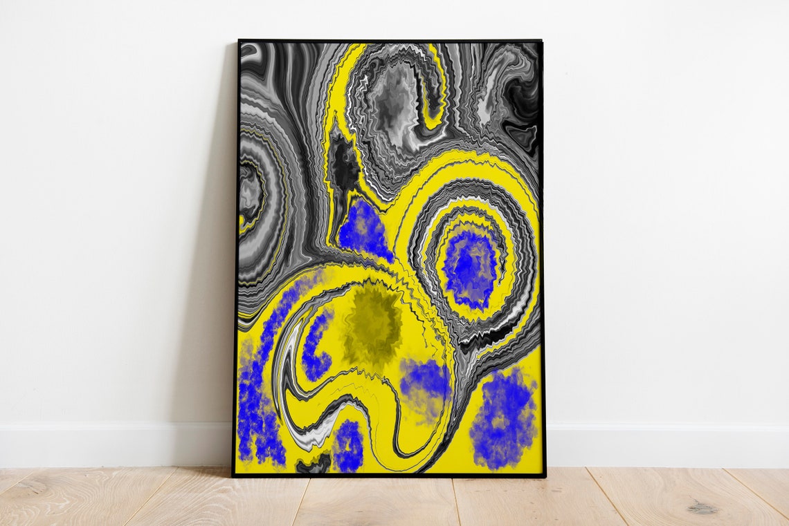 Yellow Black Blue Marble Swirl Fluid Ink Modern Abstract Decor Poster