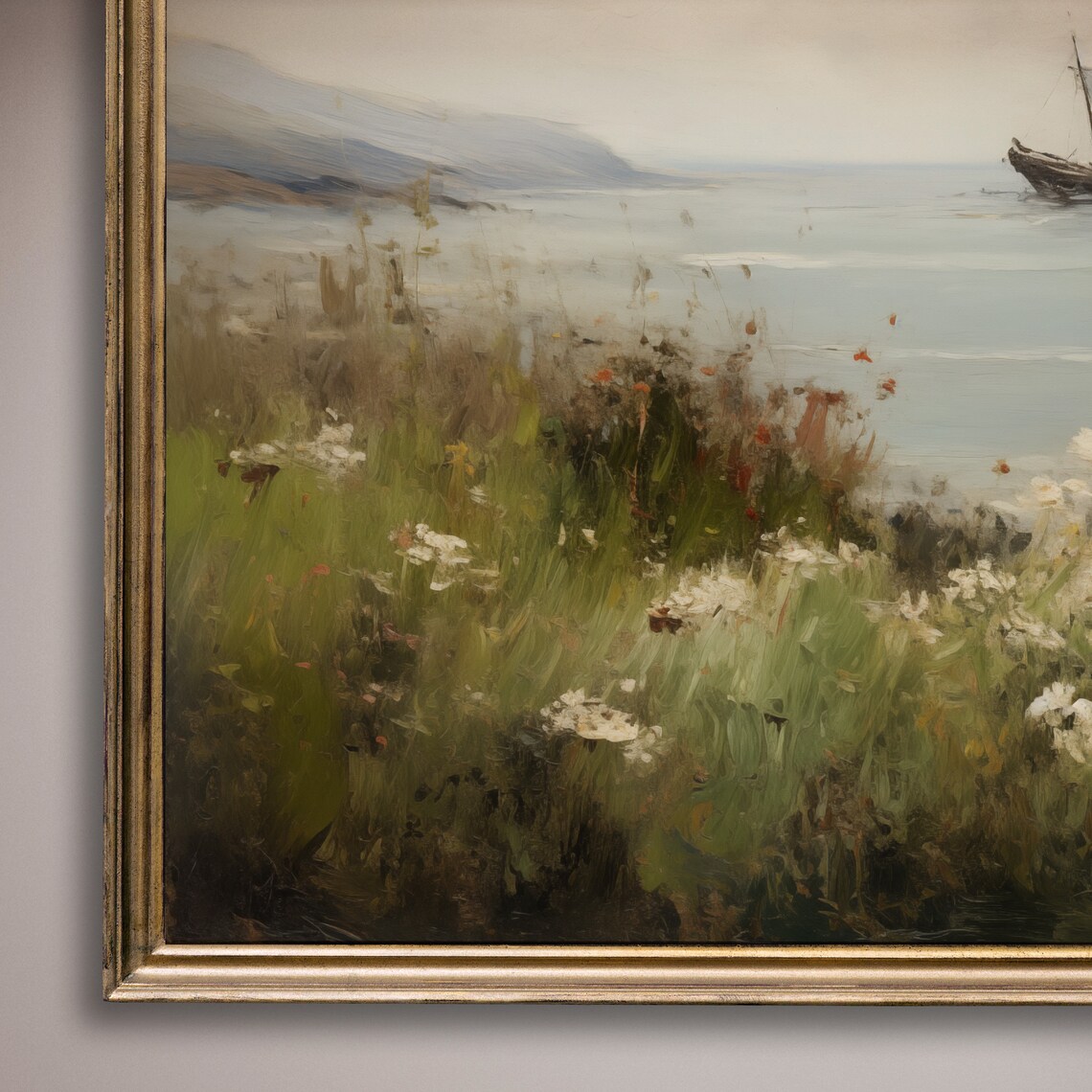 Sailboat On Calm Sea Wildflower Cliff Coastal Painting Poster - Image 8
