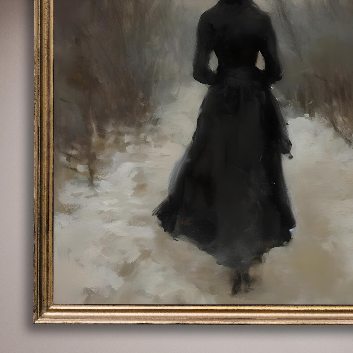Woman In Black Dress Walking Snowy Path Moody Winter Painting Poster - Image 8
