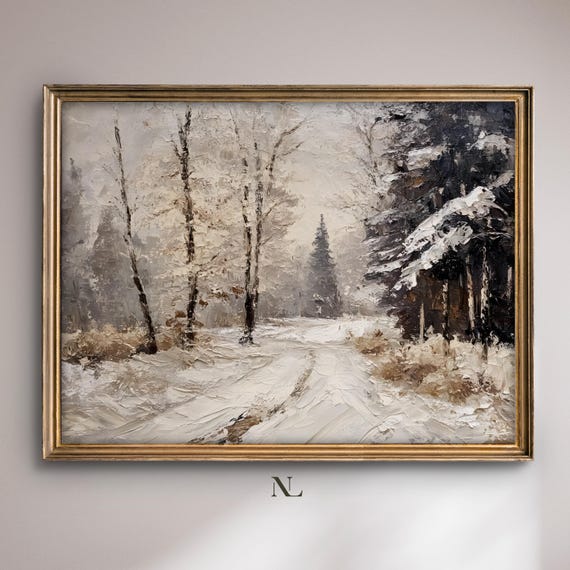 Wall Art Snowy Winter Landscape Moody Home Decor Rustic Vintage Oil Painting Cosy Farmhouse Impressionist Print