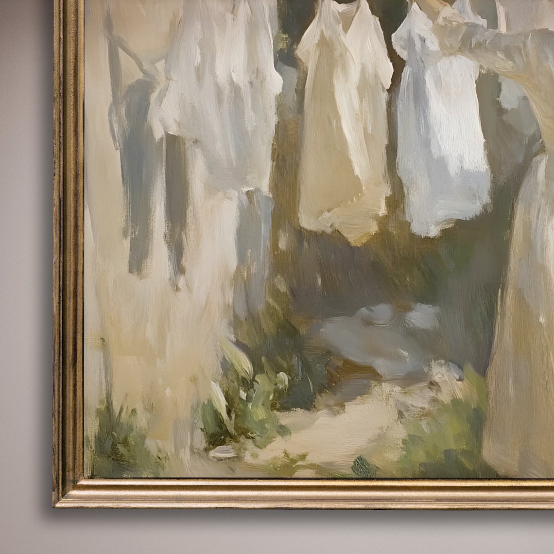 Woman Hanging Laundry On Line Sunny Garden Vintage Painting Poster - Image 8