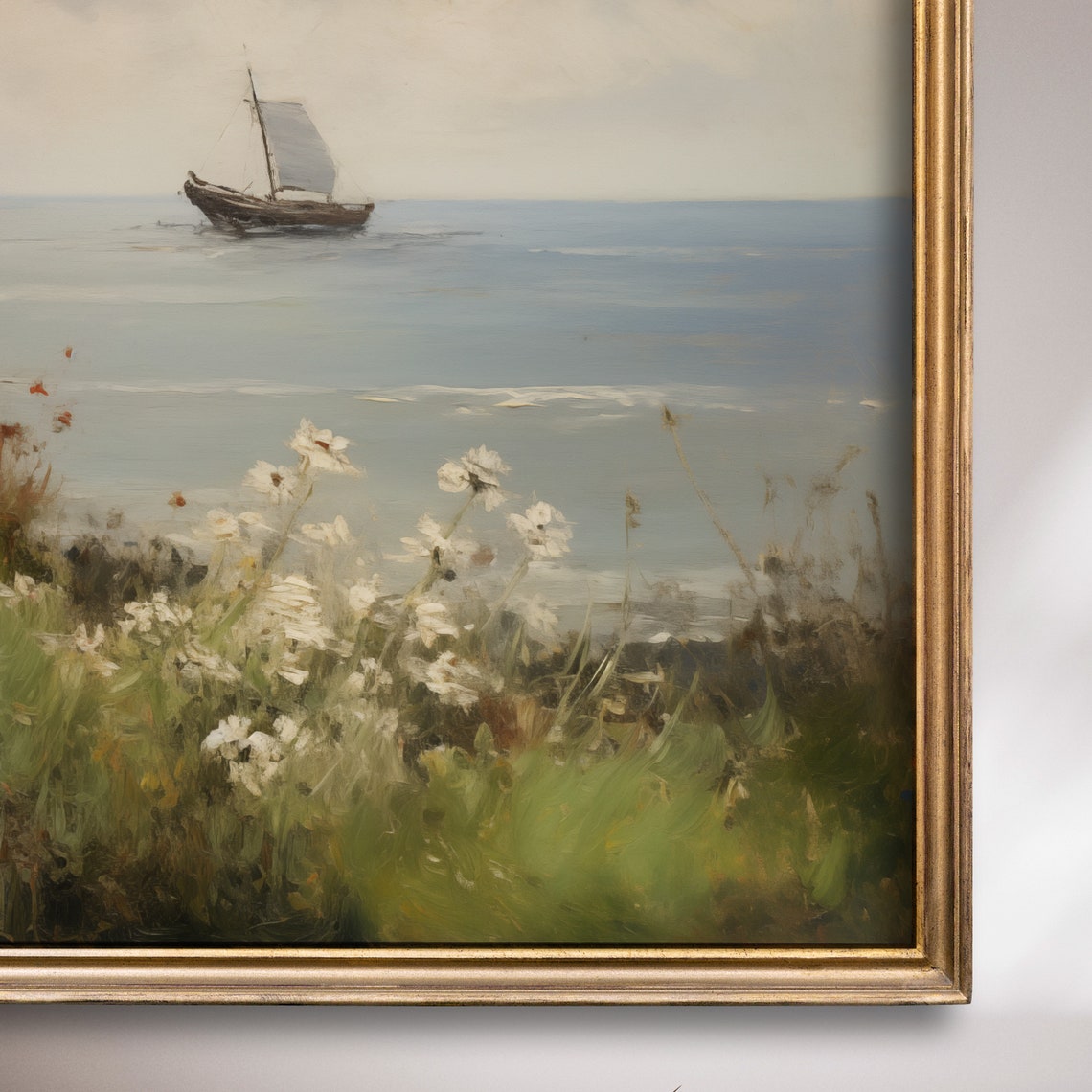 Sailboat On Calm Sea Wildflower Cliff Coastal Painting Poster - Image 7