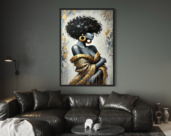 Afro Glamour Woman Canvas Black And Gold Art Elegant Afrocentric Wall Print Modern Decor Ready To Hang Beauty