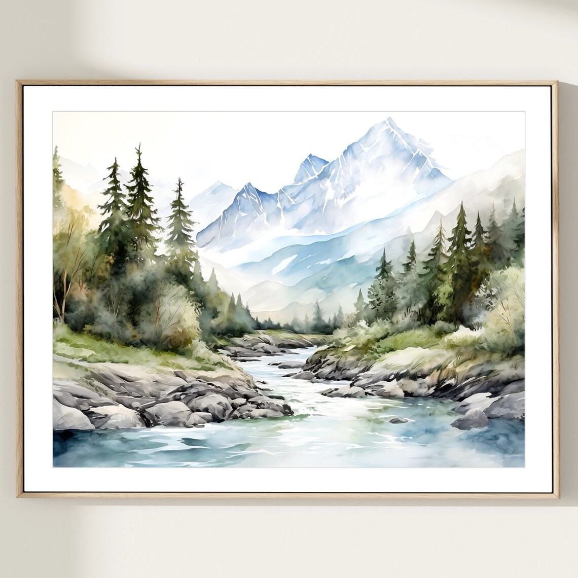 Mountain River Watercolor Landscape Art Print - Image 3