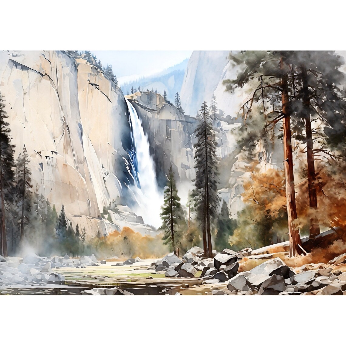 Granite Cliff Waterfall with Towering Pines and Autumn Trees Poster - Image 3