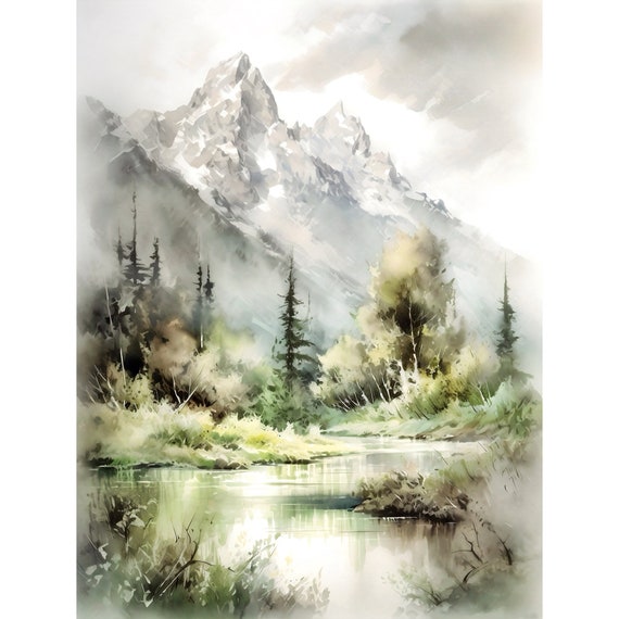 Mountain River Watercolor Art Print