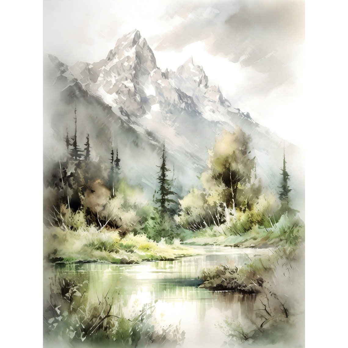 Mountain River Watercolor Art Print