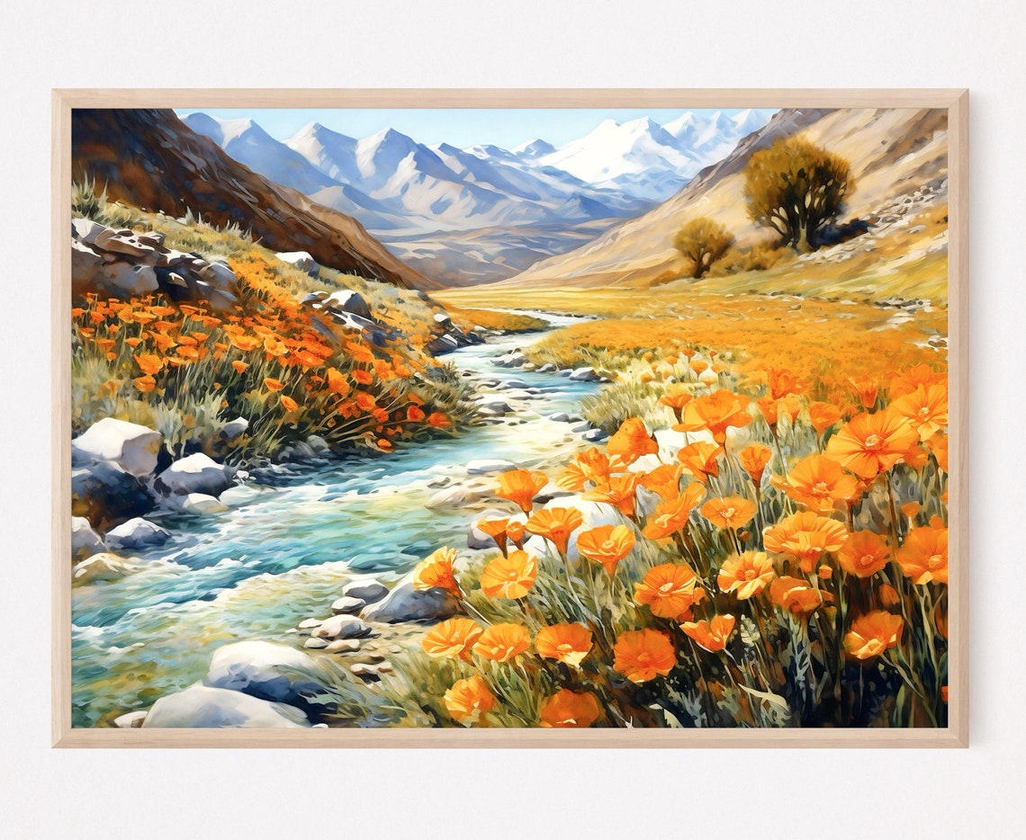 California Poppy Watercolor Poster, Mountain Landscape - Image 3