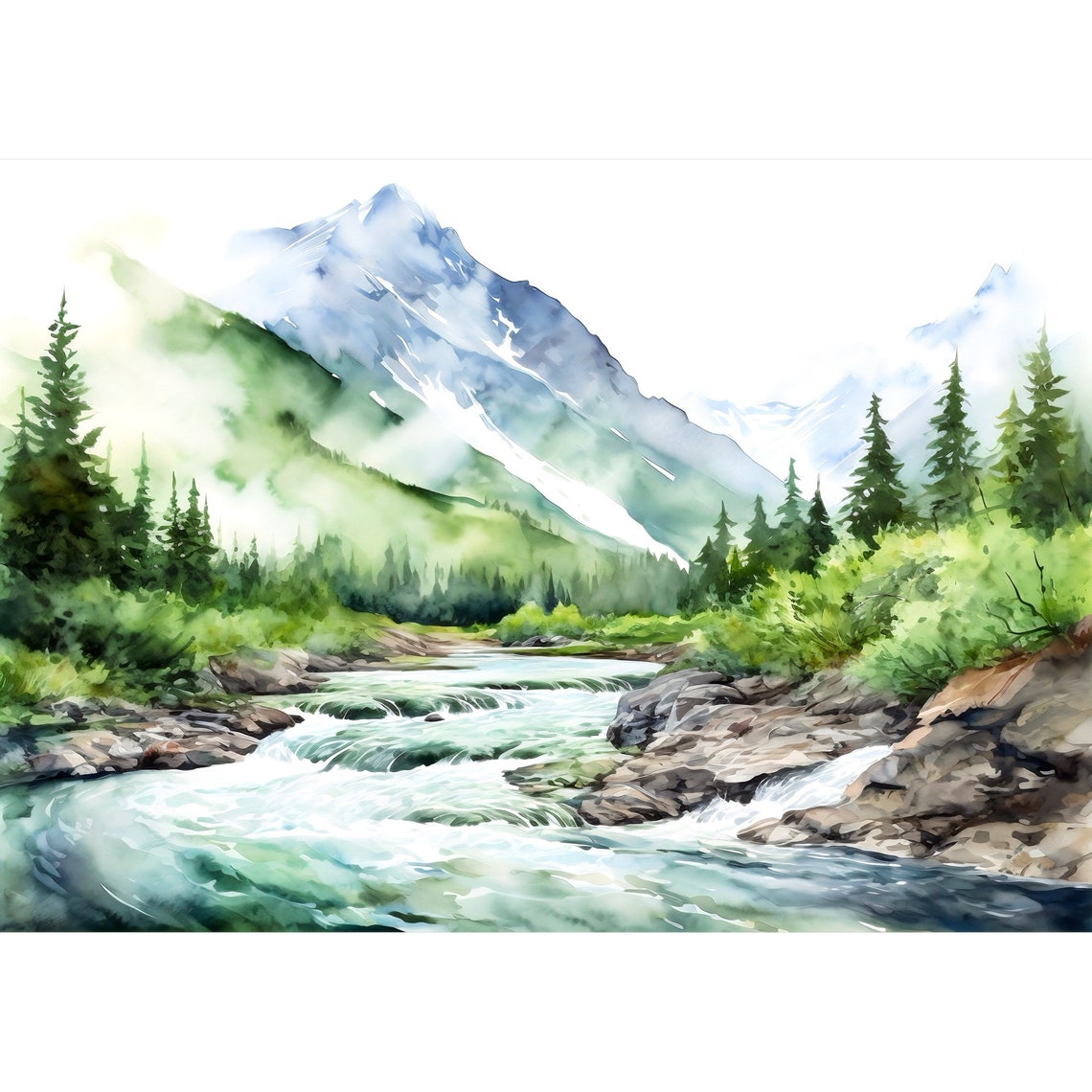 Mountain River Watercolor Painting Art Print