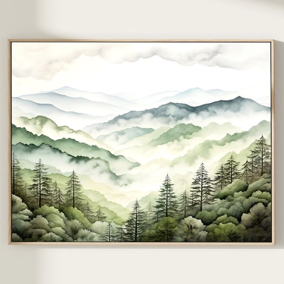 Great Smoky Mountain Watercolor Art Print, Misty Forest
