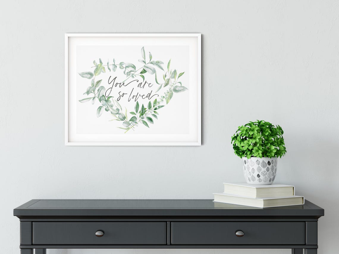 You Are So Loved Script In Watercolor Eucalyptus Heart Wreath Wall Art - Image 3
